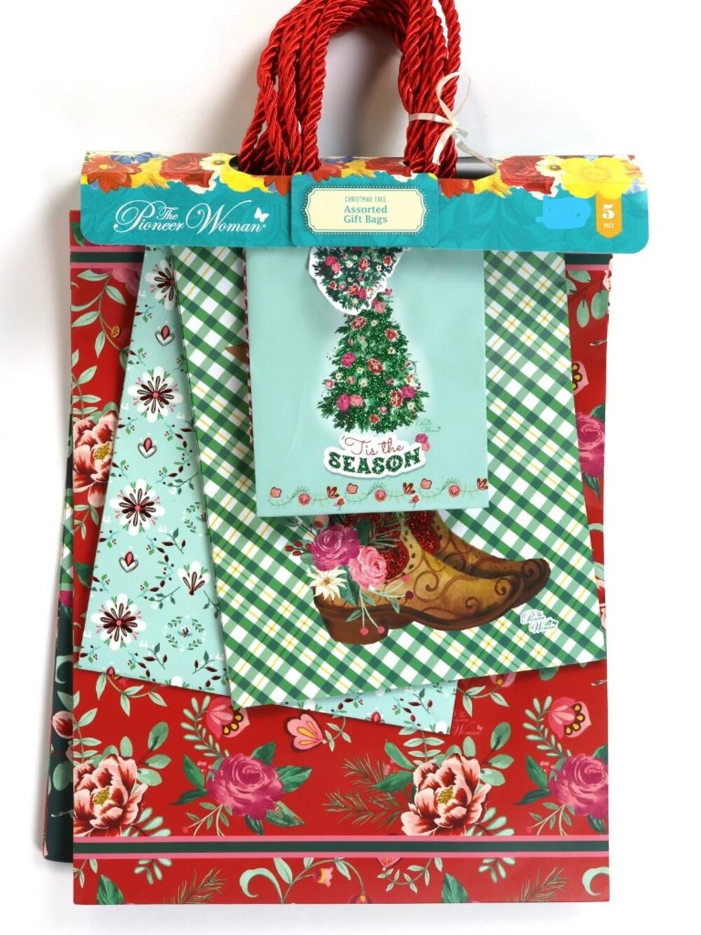 This set includes 5 Christmas gift bags featuring foil or glitter paper designs